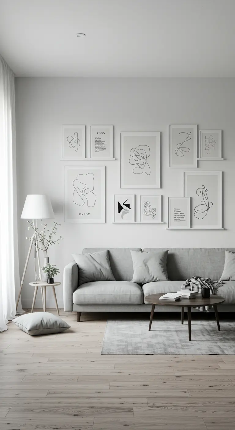 Pared de galería minimalista con arte lineal en marcos blancos sobre un sofá gris