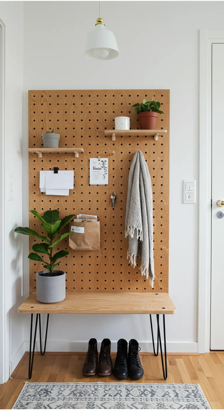 Organizador de recibidor con un gran tablero de clavijas de madera, baldas y un banco.