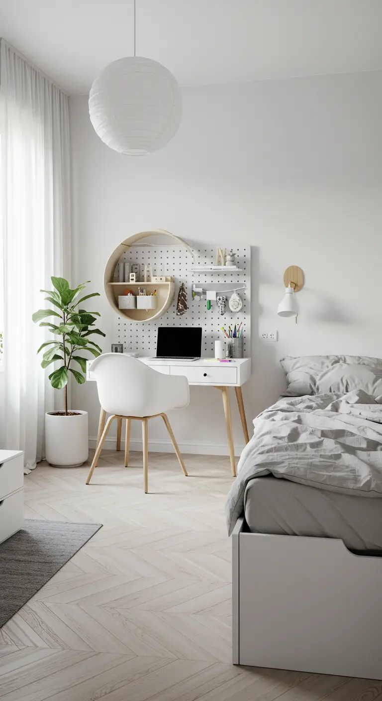 Habitación juvenil escandinava blanca con escritorio y un tablero organizador de madera.