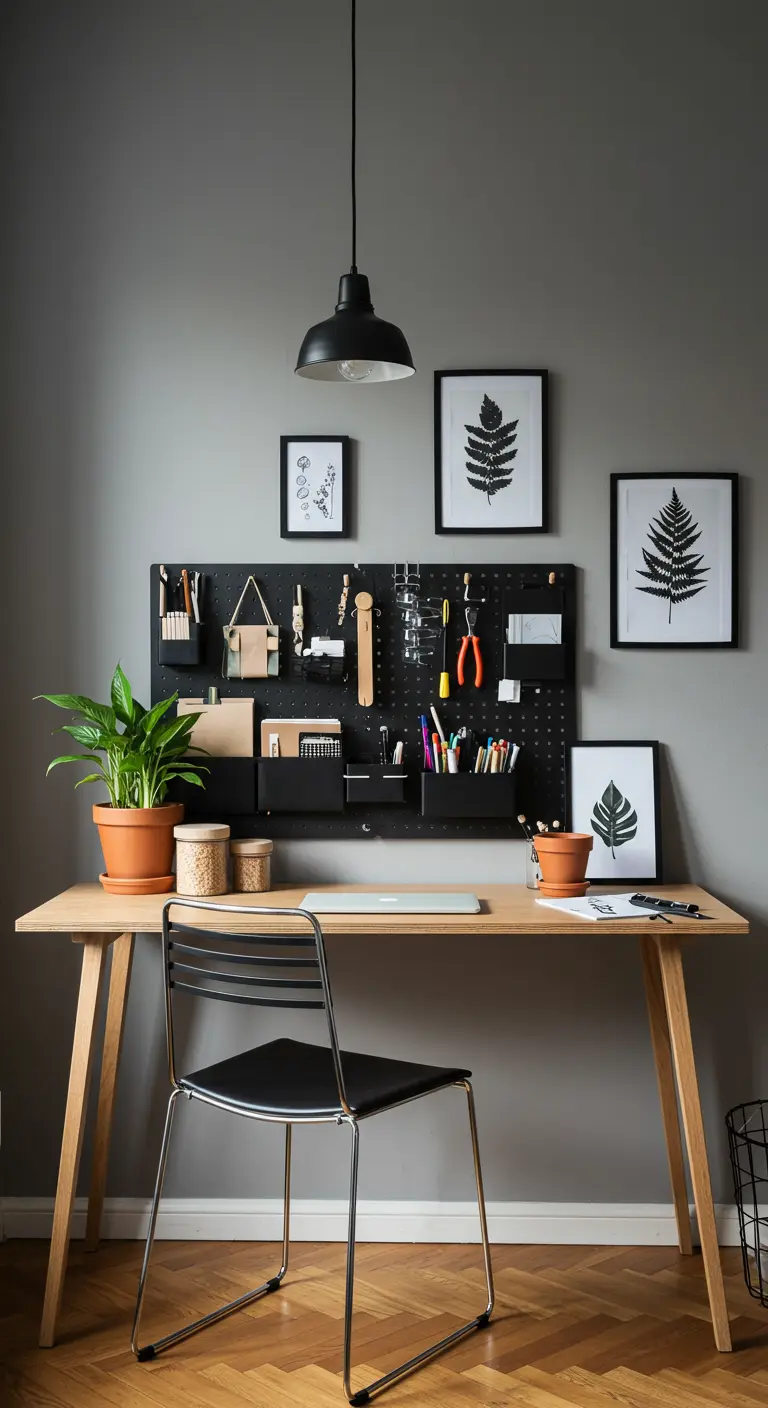 Escritorio de madera con un panel perforado negro en la pared para organizar herramientas y material
