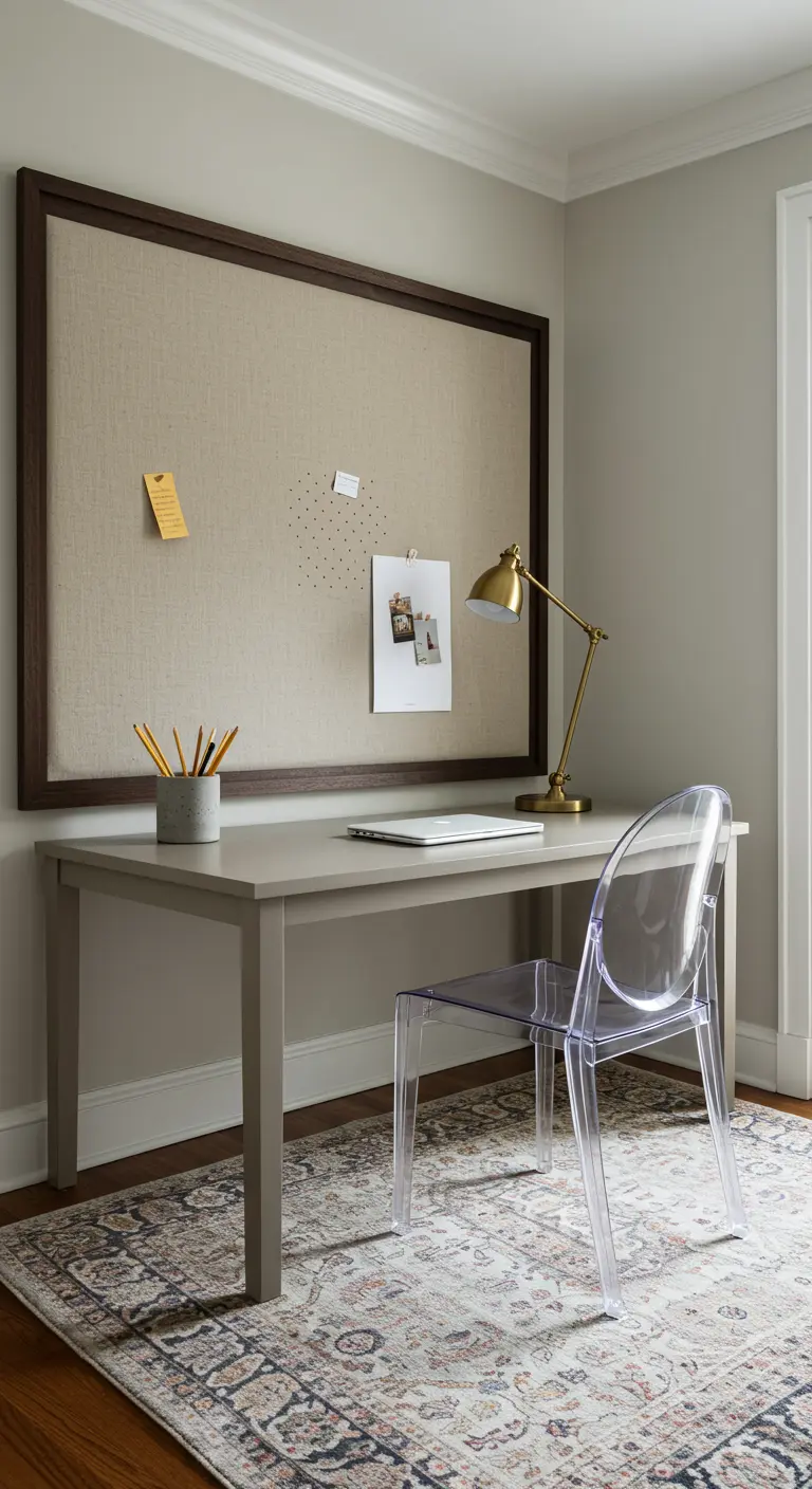 Escritorio minimalista con un gran tablero de anuncios tapizado en lino y una silla transparente.