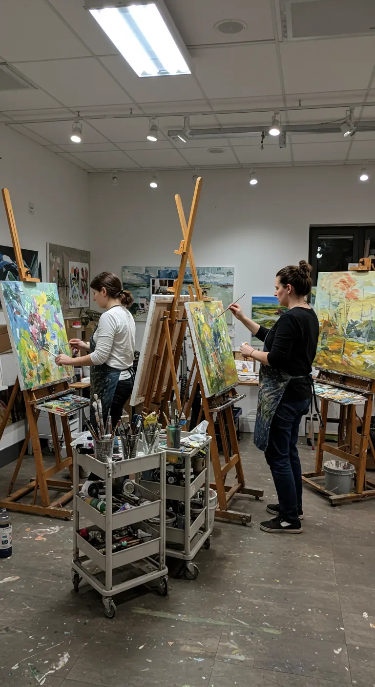 Dos mujeres pintando en un estudio de arte compartido con carritos de organización y múltiples caballetes.