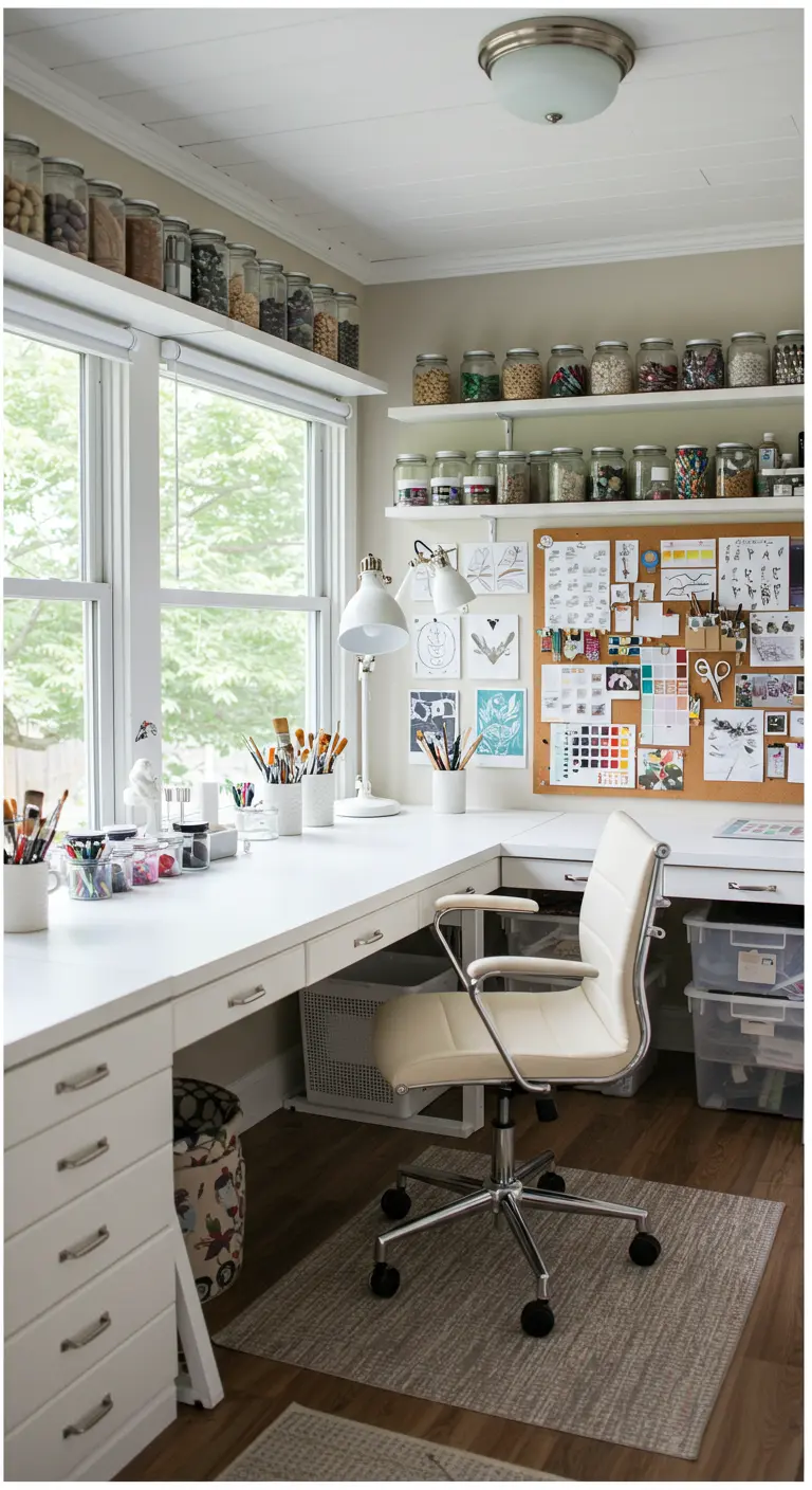 Estudio o taller de manualidades muy luminoso con un gran escritorio blanco y mucho almacenaje.