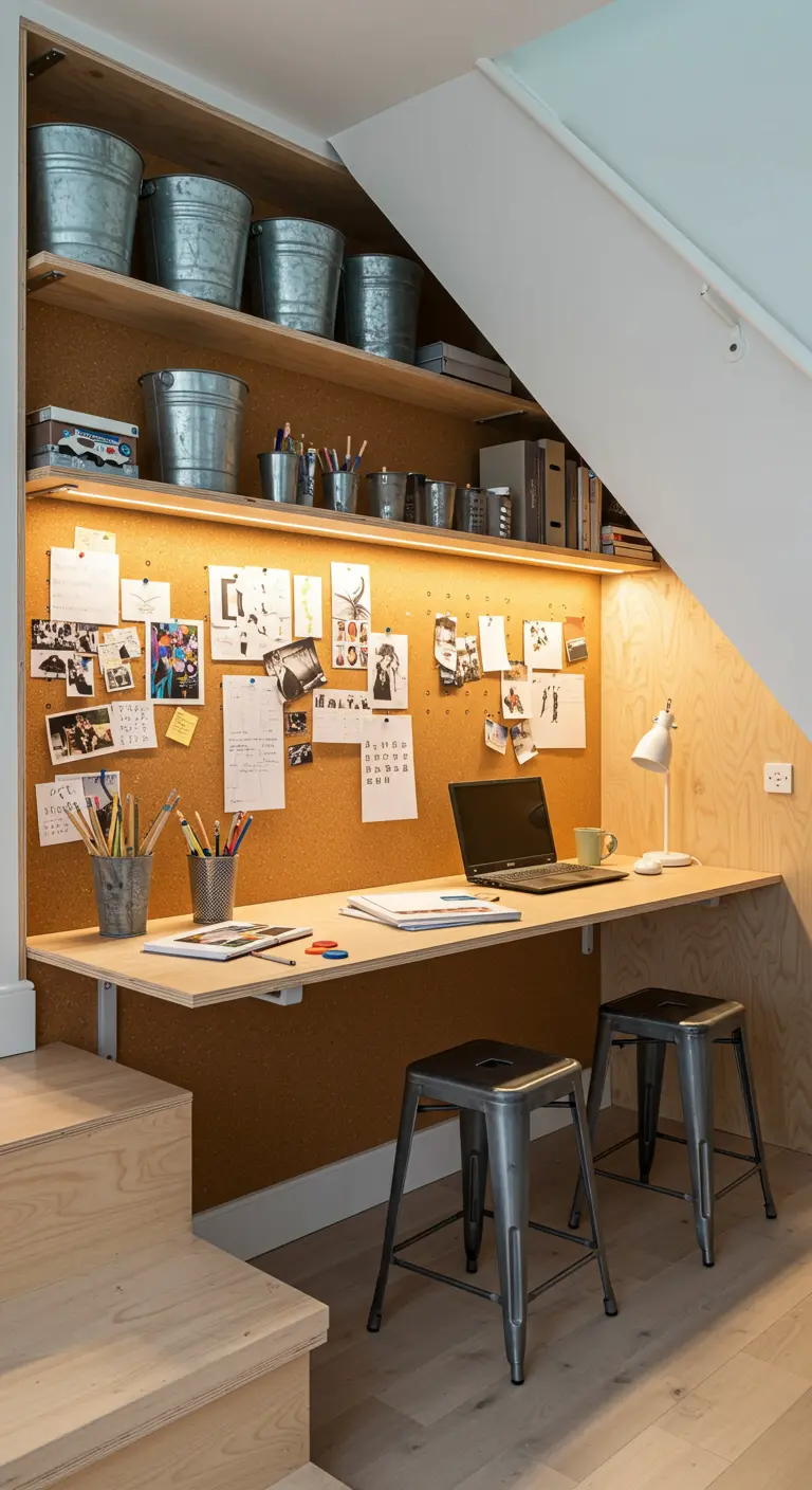 Espacio de trabajo funcional bajo escalera con pared de corcho y taburetes y cubos metálicos.