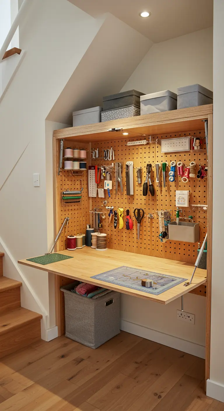 Estación de manualidades plegable bajo la escalera con un panel perforado