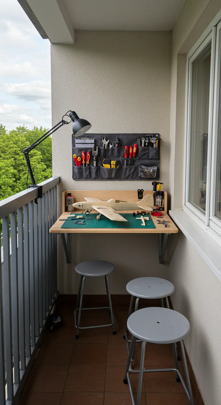 Mesa de trabajo plegable en un balcón, configurada como un taller para maquetas de aviones.