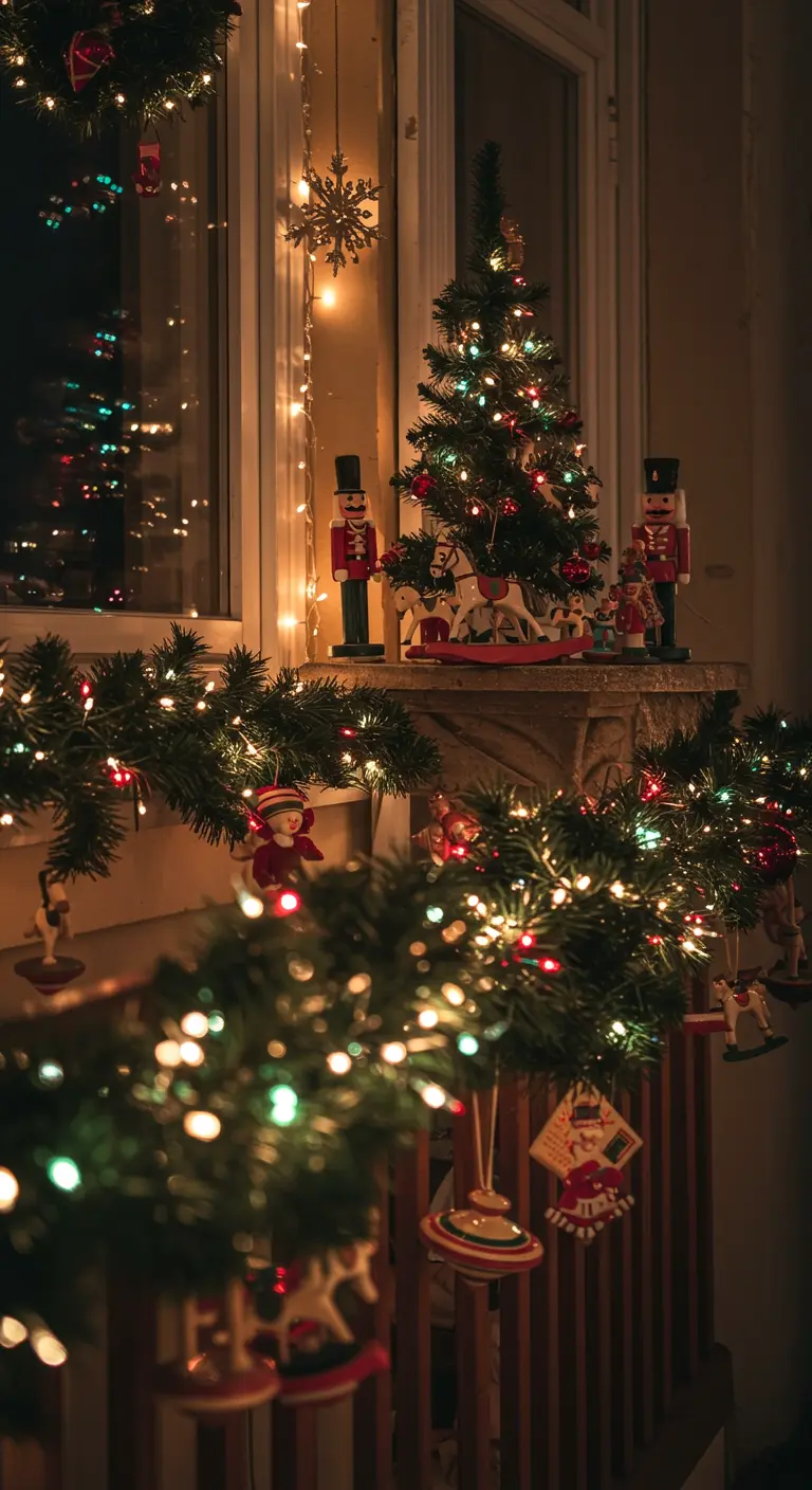 Balcón decorado con figuras de cascanueces, un arbolito y guirnaldas con luces de colores.