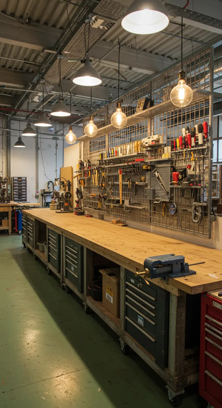 Gran taller industrial con un largo banco de trabajo, cajoneras metálicas y herramientas colgadas.