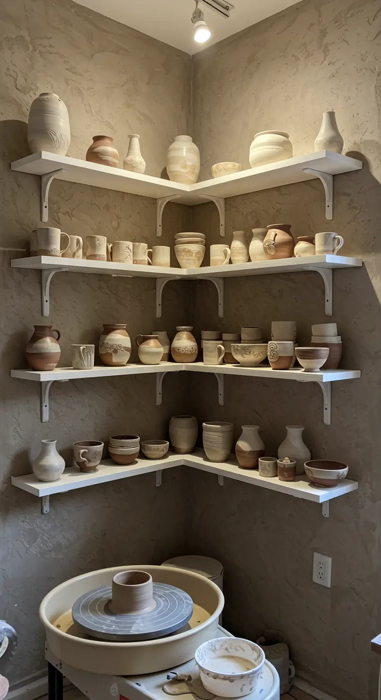Rincón de un taller de cerámica con estantes llenos de piezas hechas a mano y un torno