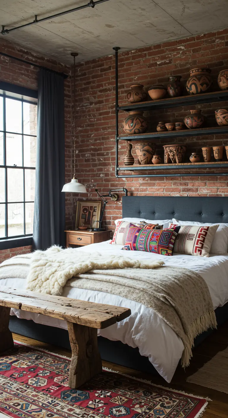 Dormitorio estilo industrial con pared de ladrillo, estanterías con cerámica y textiles andinos.