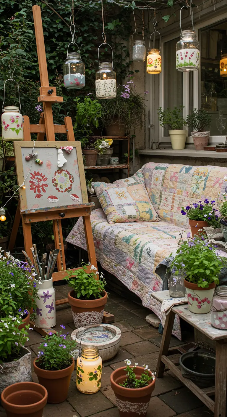 Patio bohemio con un sofá de patchwork y farolillos de cristal pintados a mano.