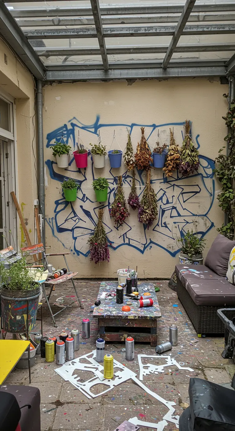 Patio desordenado de un artista con grafitis, botes de spray, una mesa baja y ramos de flores secas colgando.