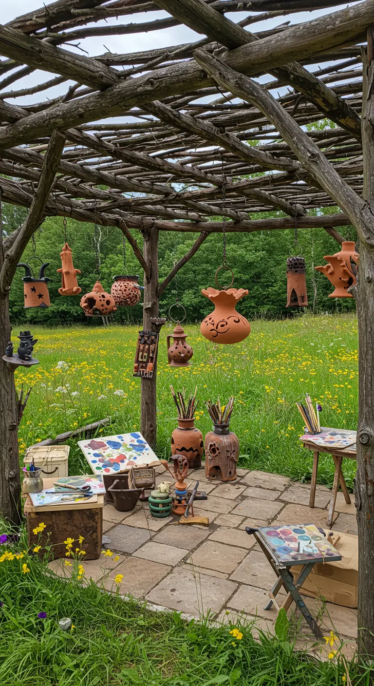 Pérgola rústica en un prado con faroles y objetos de arcilla hechos a mano