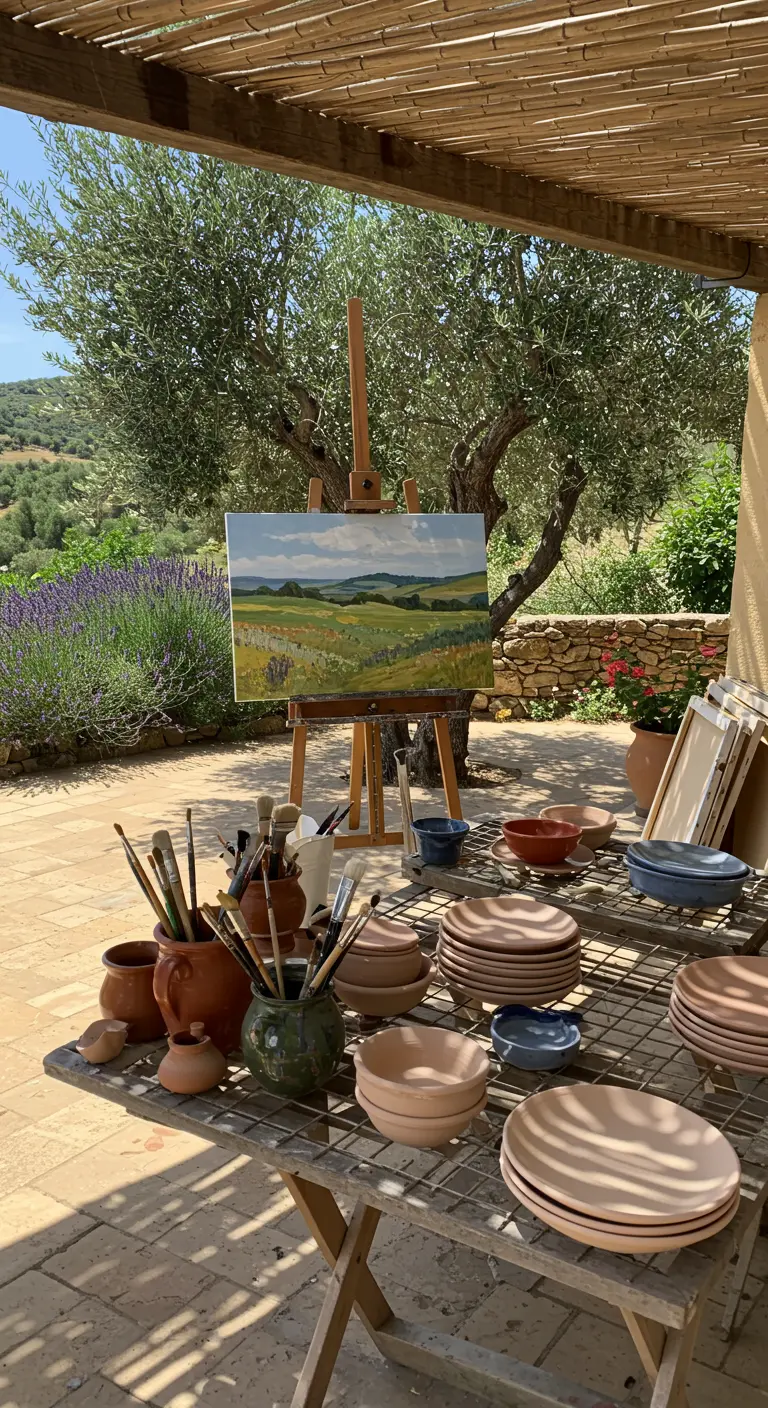 Rincón de artista al aire libre con un caballete, pinceles y cerámica hecha a mano secándose al sol.