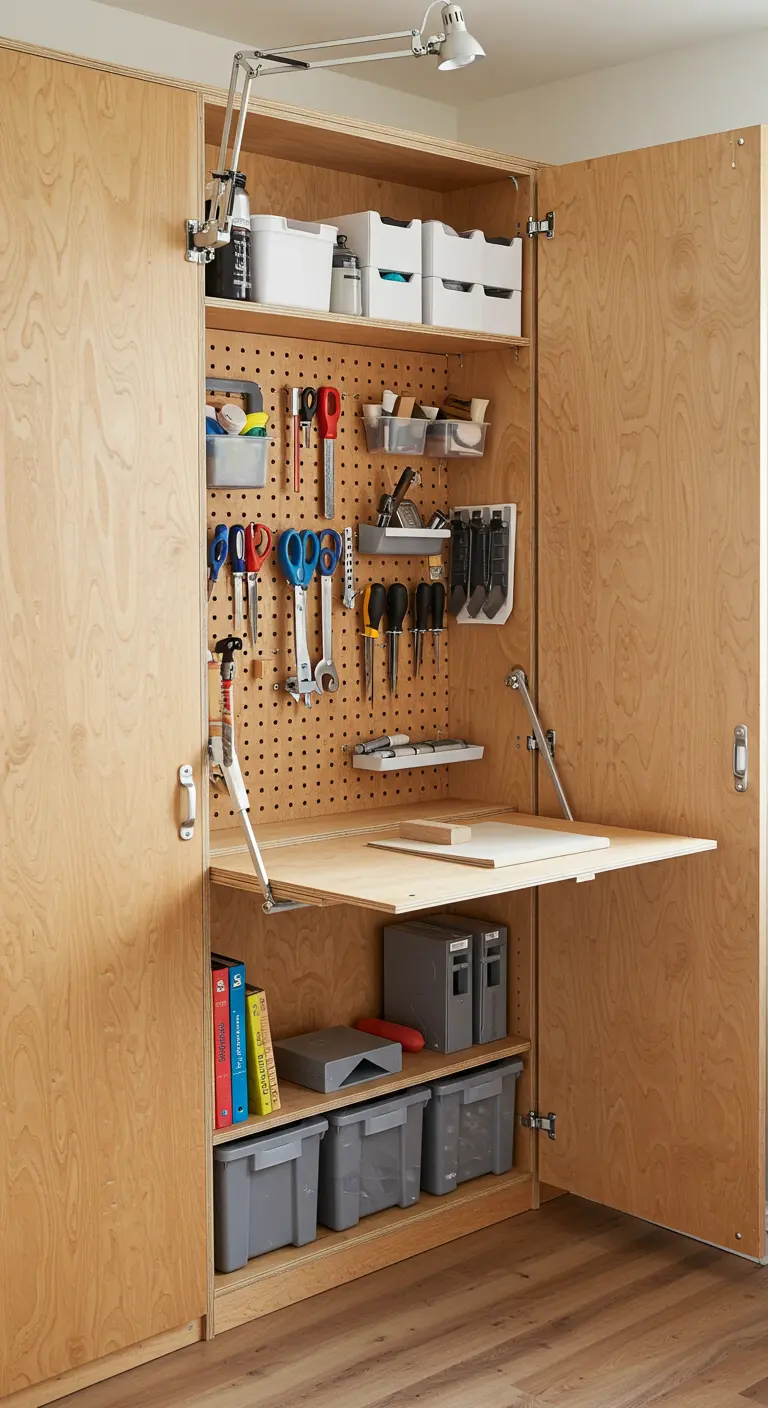 Armario de madera contrachapada con un gran panel perforado y una mesa de trabajo abatible.