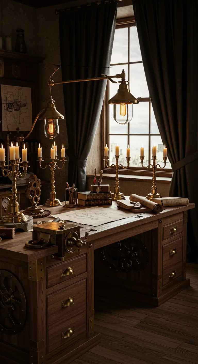 Escritorio de estilo steampunk con lámparas de Edison, engranajes y candelabros.