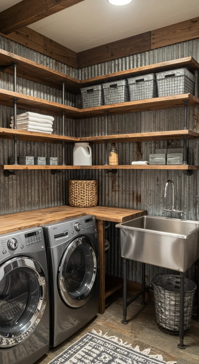 Lavandería industrial con paredes de metal corrugado y fregadero de acero inoxidable.