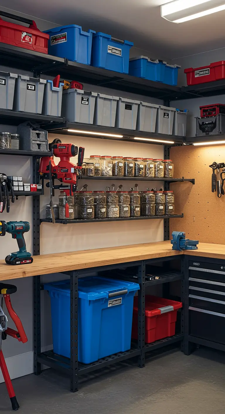 Taller bien organizado con estanterías metálicas, banco de trabajo y herramientas colgadas.