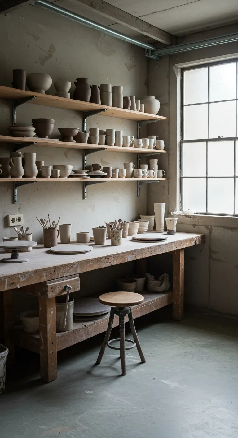 Taller de cerámica con estanterías llenas de piezas de arcilla y un banco de trabajo de madera