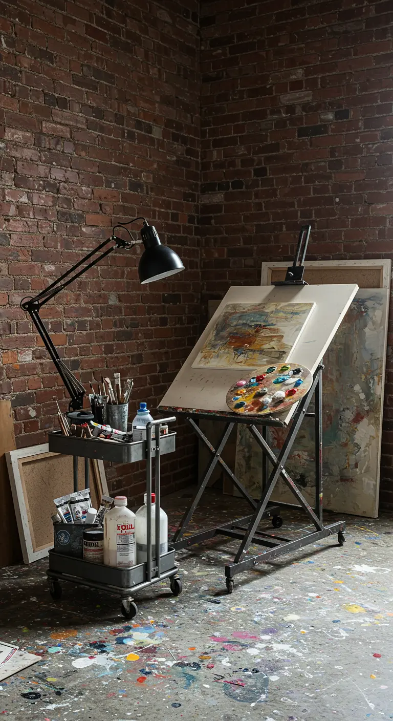Rincón de pintura con pared de ladrillo, caballete de metal y carrito de herramientas artísticas.