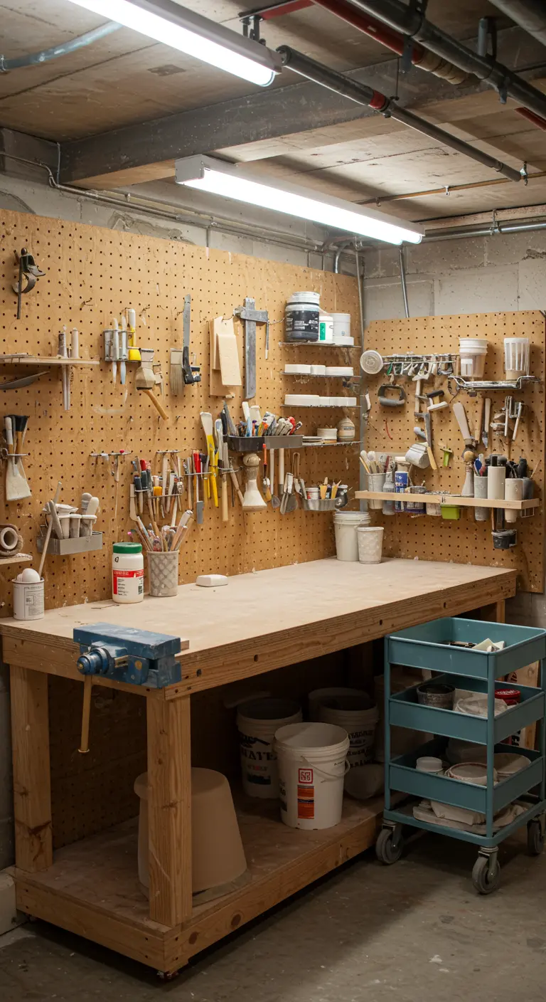 Taller de cerámica en un garaje con un gran banco de trabajo y pared de herramientas.