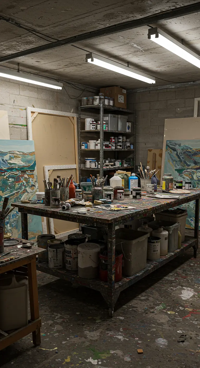 Taller de artista en un sótano con estanterías de metal, una mesa grande y muchos botes de pintura.