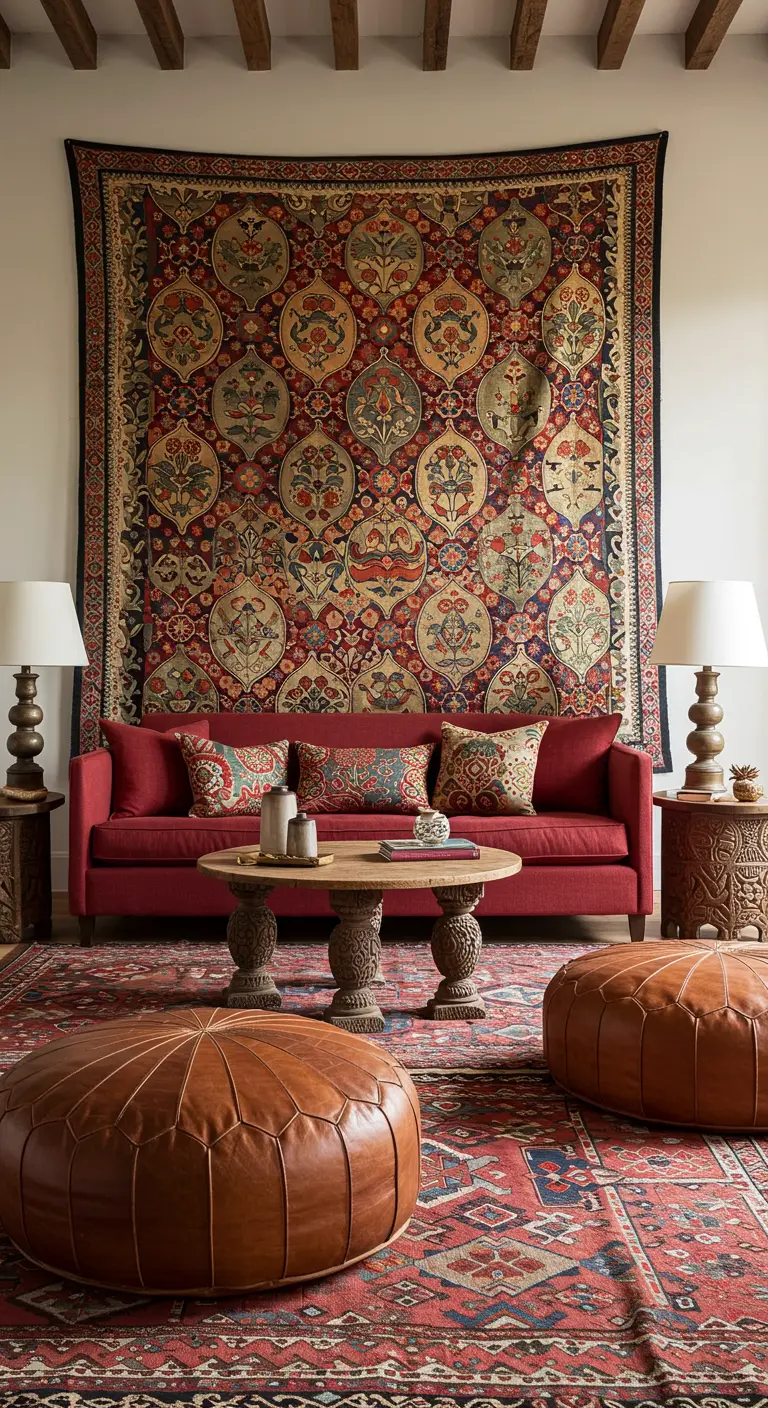Sala de estar bohemia con un gran tapiz étnico en la pared y un sofá rojo.