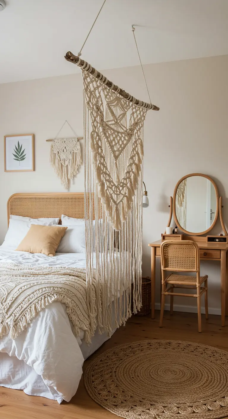 Un gran tapiz de macramé cuelga del techo para separar sutilmente el área de la cama en un dormitorio boho.