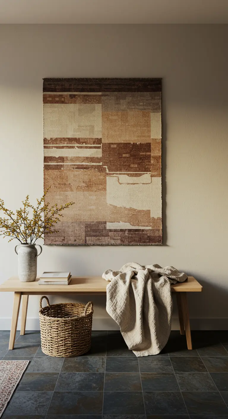 Banco de madera con un tapiz abstracto colgado en la pared, una cesta y una manta.