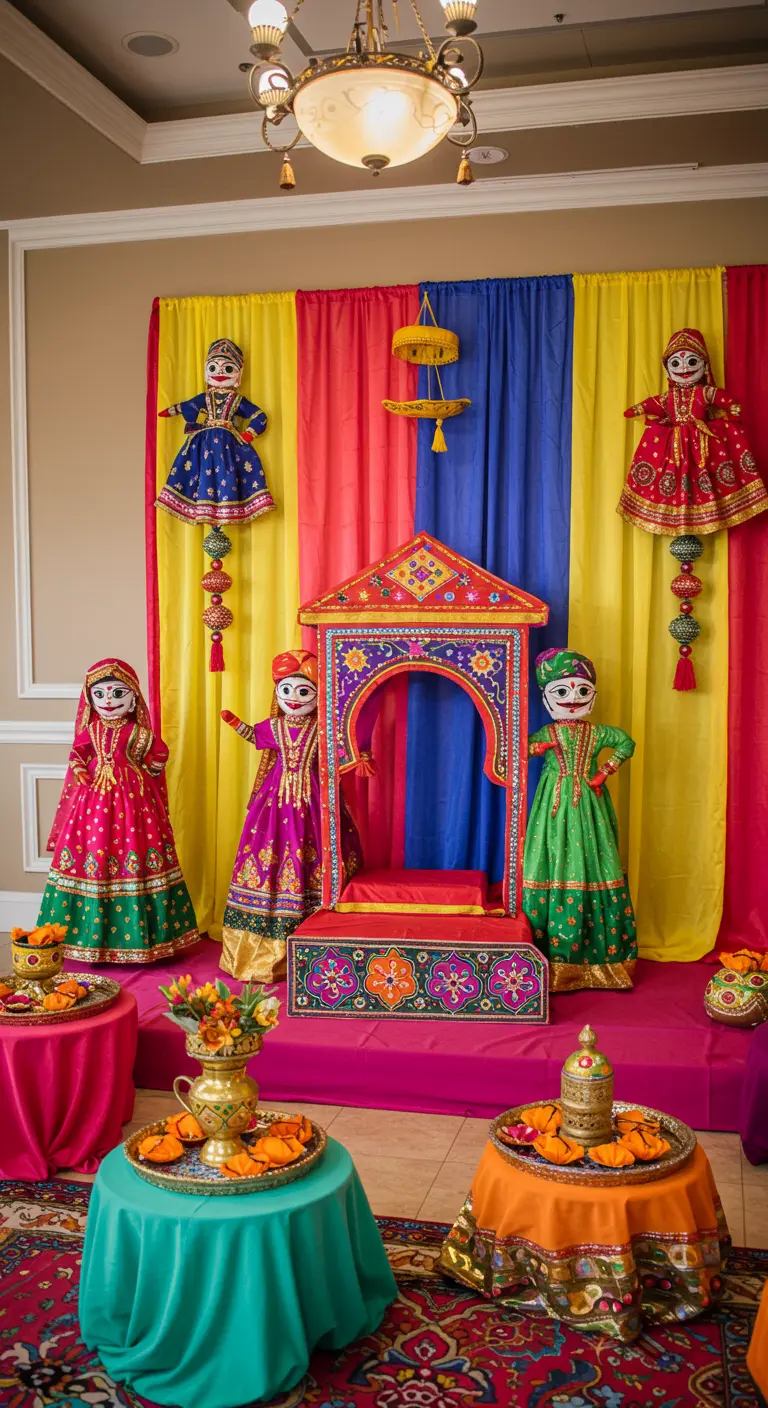 Rincón decorativo con marionetas tradicionales indias y un pequeño teatro de colores vivos.