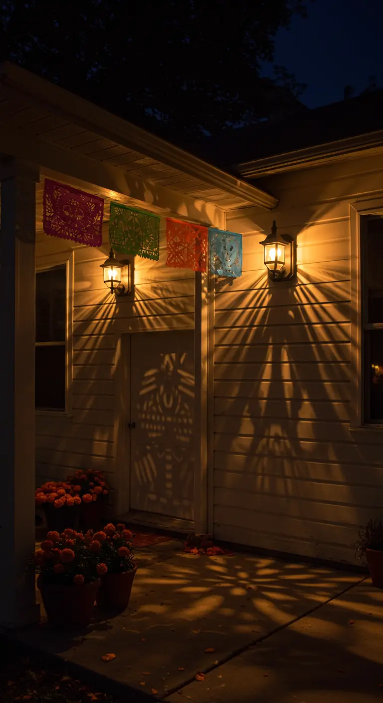 Sombras de papel picado proyectadas en la pared de una casa por la noche.