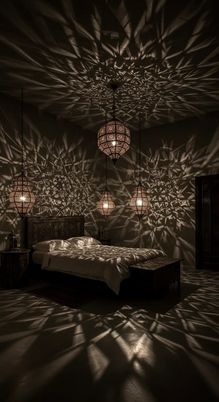 Dormitorio oscuro con múltiples lámparas colgantes que proyectan sombras intrincadas en las paredes