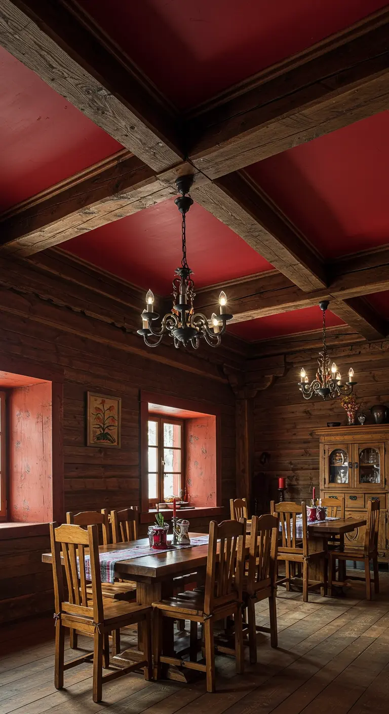 Comedor rústico con vigas de madera y un llamativo techo pintado de color rojo.