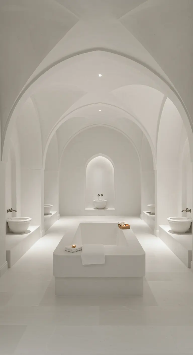 Hammam completamente blanco con arquitectura de arcos y bóvedas y una plataforma central