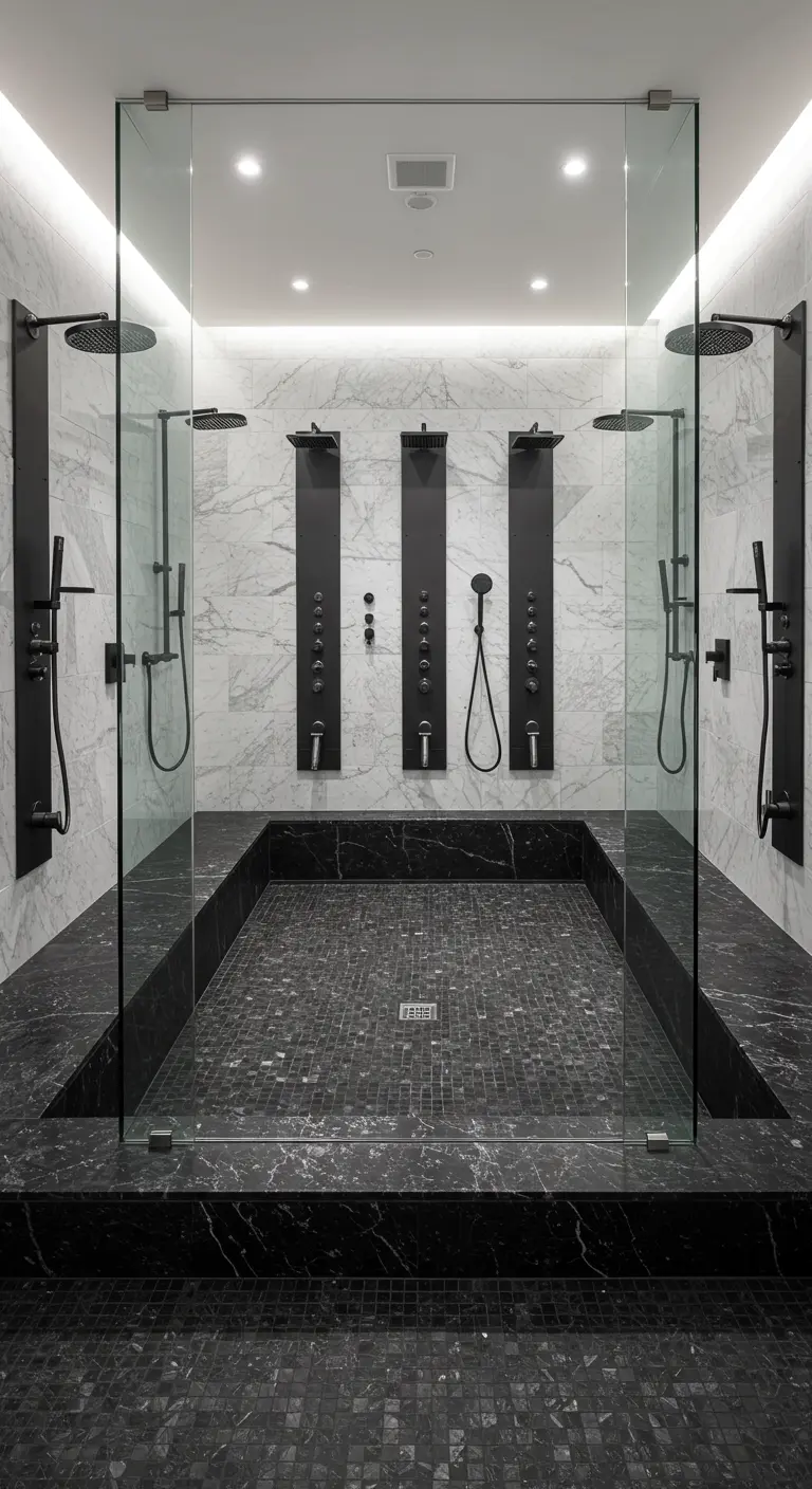 Gran ducha a ras de suelo con múltiples paneles de hidromasaje negros, paredes de mármol blanco y base de mármol negro