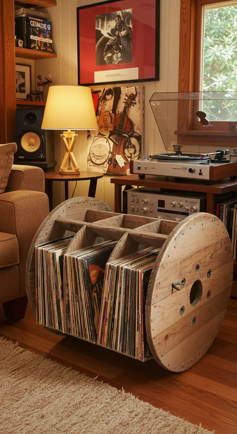 Carrete de cable de madera de lado, utilizado como estantería para guardar discos de vinilo.