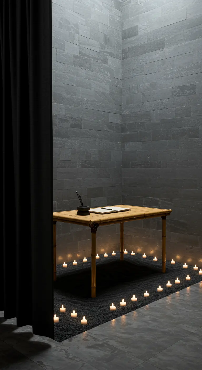 Escritorio bajo de bambú rodeado de velas en una habitación minimalista de pizarra.