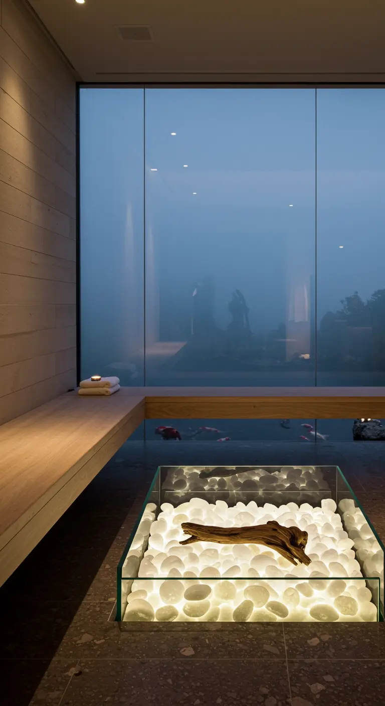 Foso de cristal en el suelo del baño, lleno de piedras blancas iluminadas y un trozo de madera.