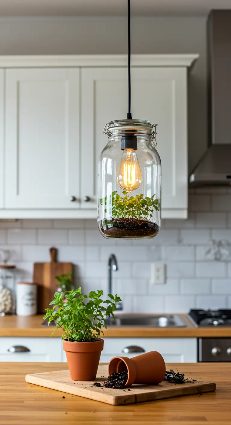 Lámpara de frasco con una bombilla Edison sobre un mini jardín de brotes verdes en su interior.