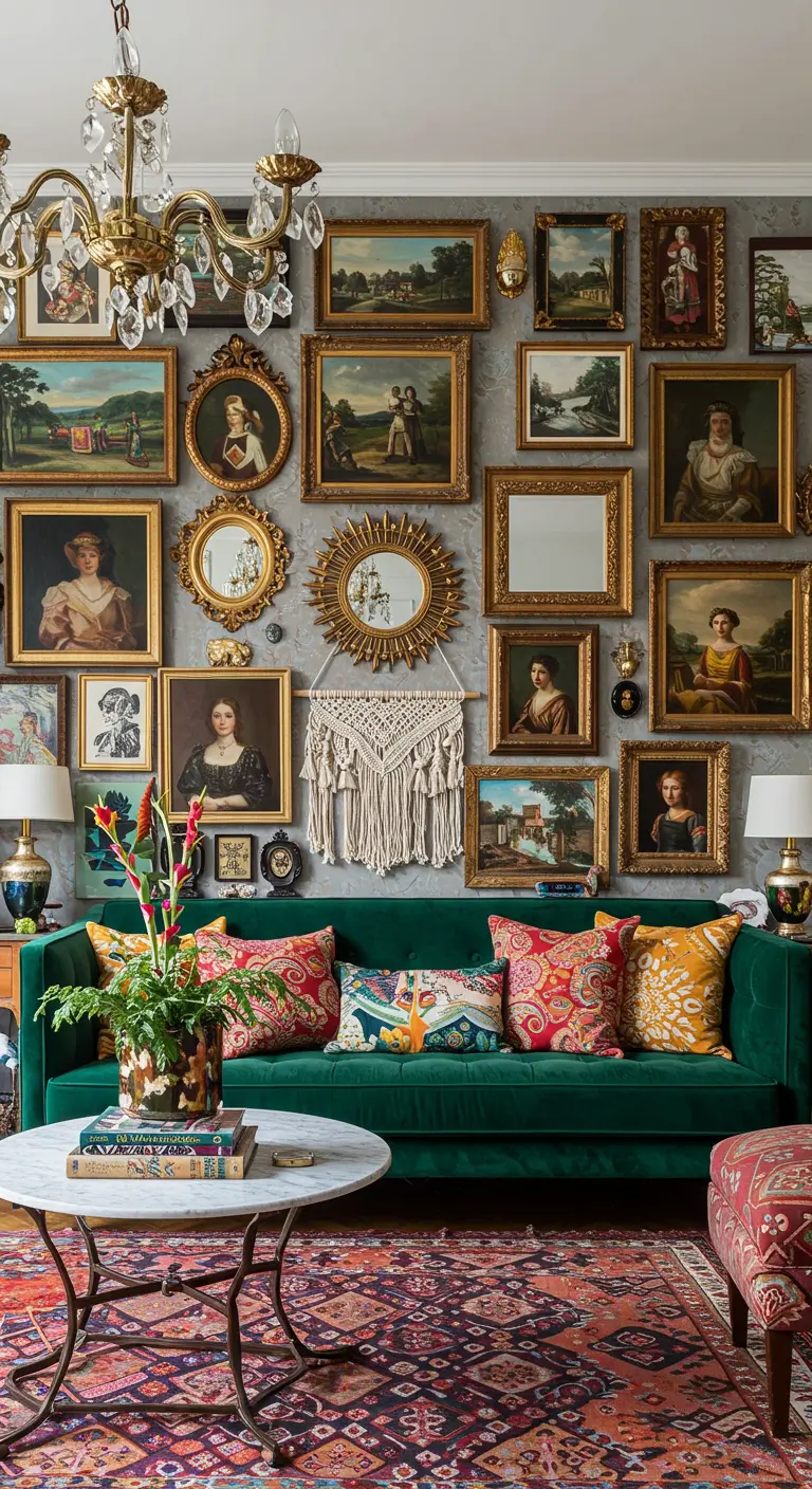 Pared de galería maximalista con marcos dorados, espejos y un sofá de terciopelo verde
