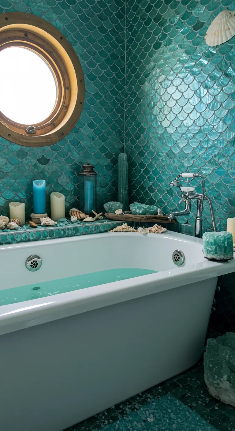 Baño con azulejos de escamas turquesa, velas azules y cristales de aguamarina.