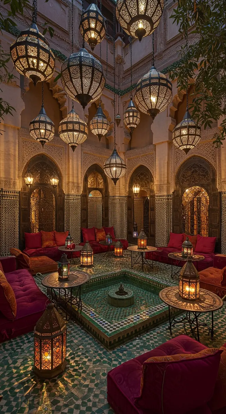 Patio marroquí profusamente decorado con decenas de faroles colgantes, cojines fucsia y una fuente.