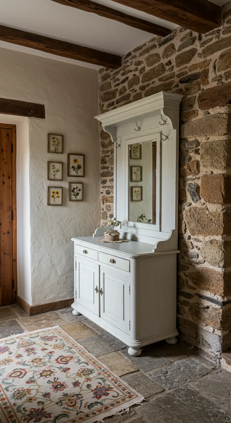 Mueble perchero antiguo de color blanco contra una pared de piedra, con una alfombra floral en el suelo.