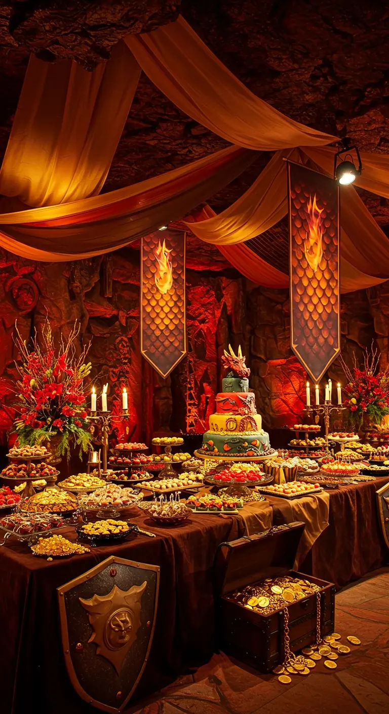 Mesa de postres en una cueva con telas colgantes, estandartes de escamas de dragón y un cofre del tesoro.