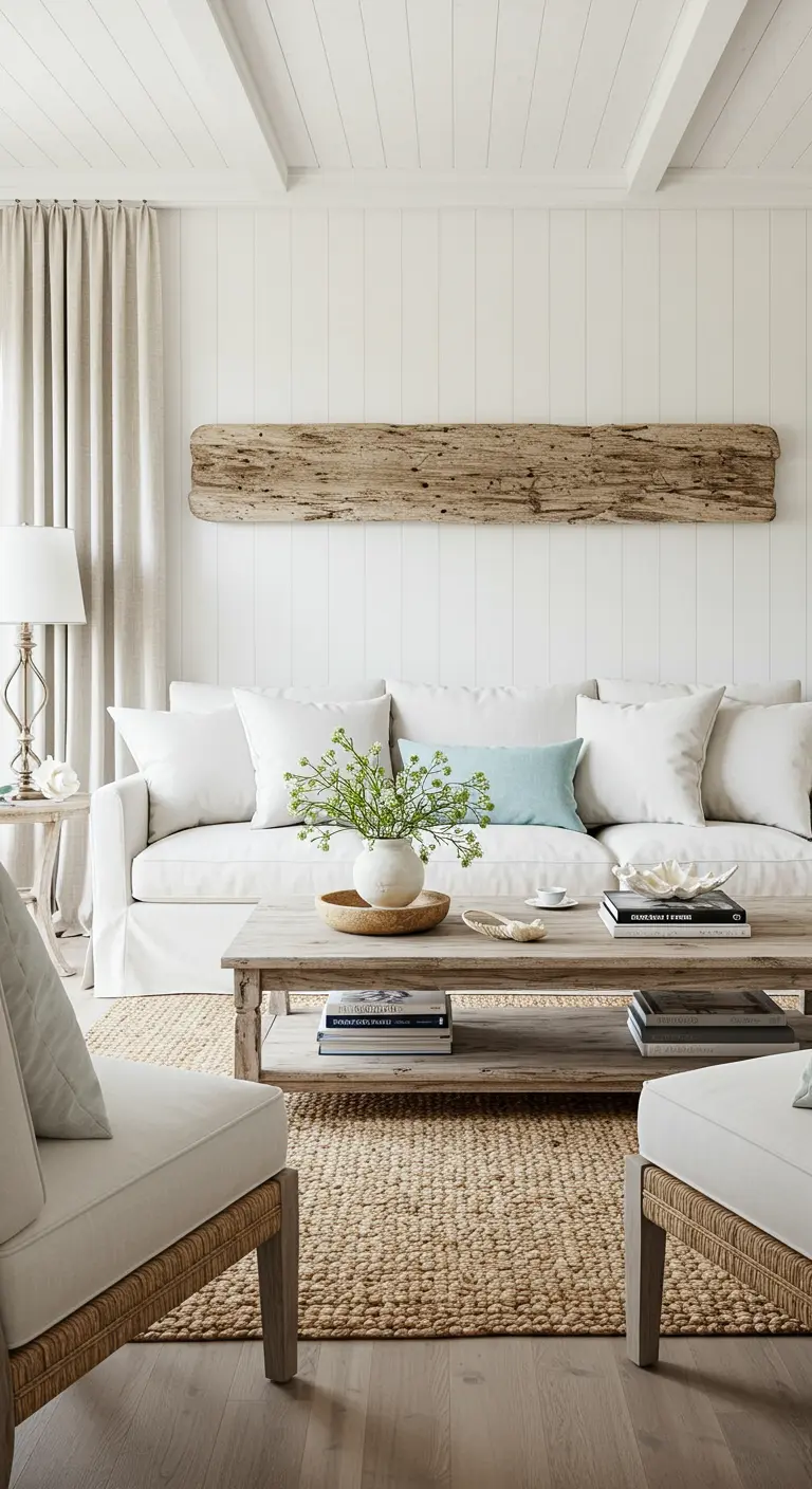 Largo trozo de madera flotante colgado como arte de pared sobre un sofá blanco en una sala costera.