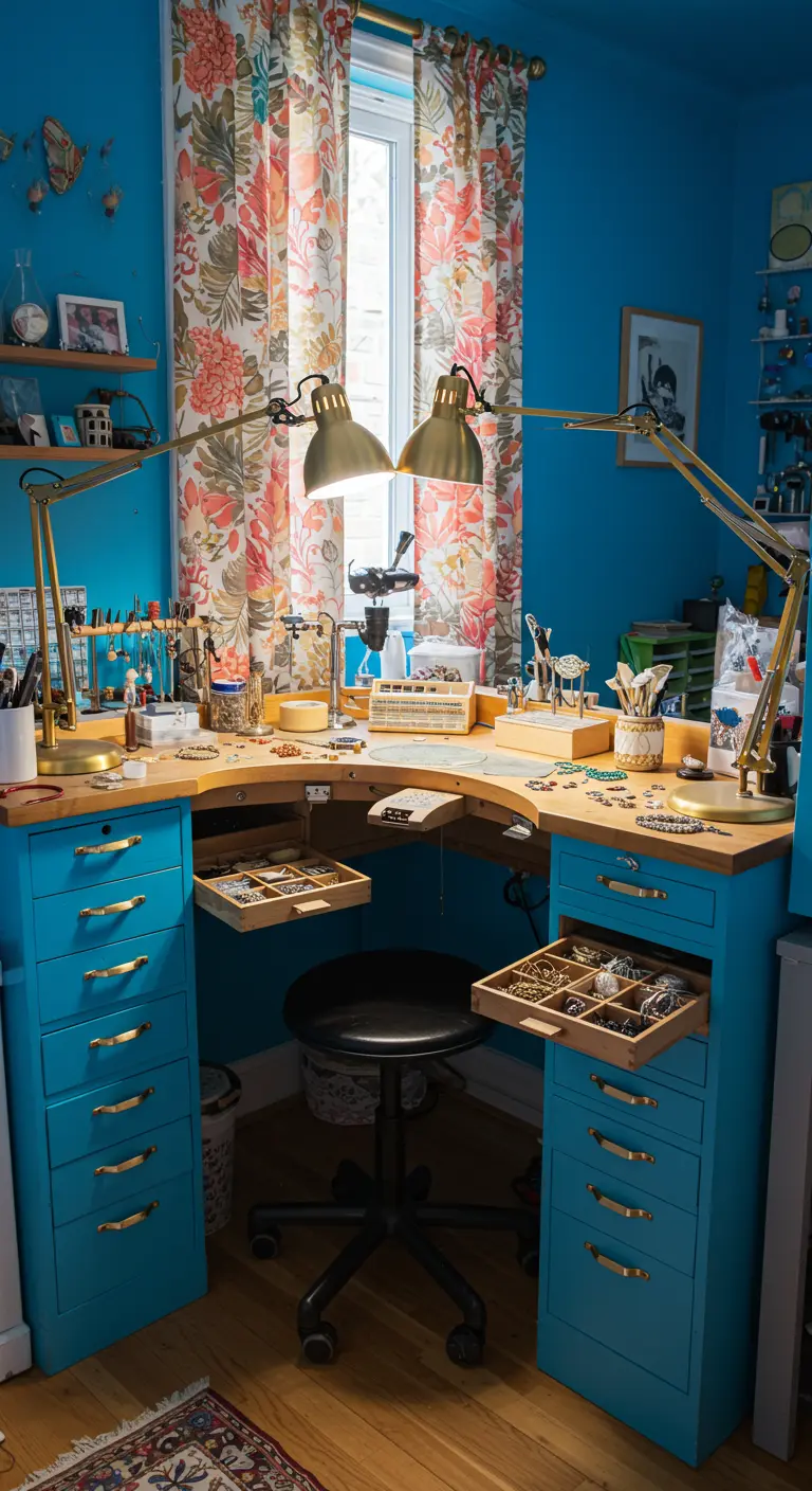 Taller de joyería con paredes y muebles azules, lámparas doradas y cajones abiertos con abalorios.