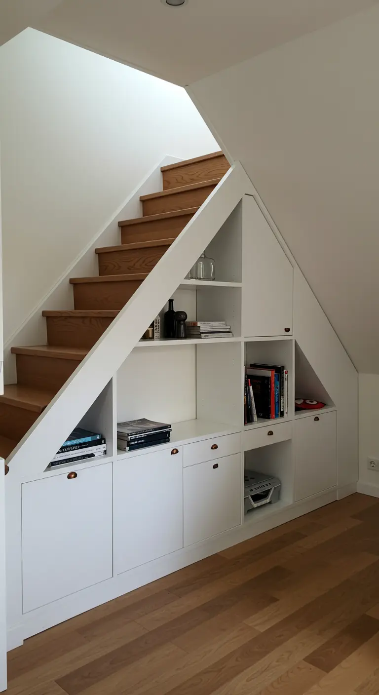 Estantería modular blanca hecha a medida que aprovecha el espacio bajo una escalera de madera.