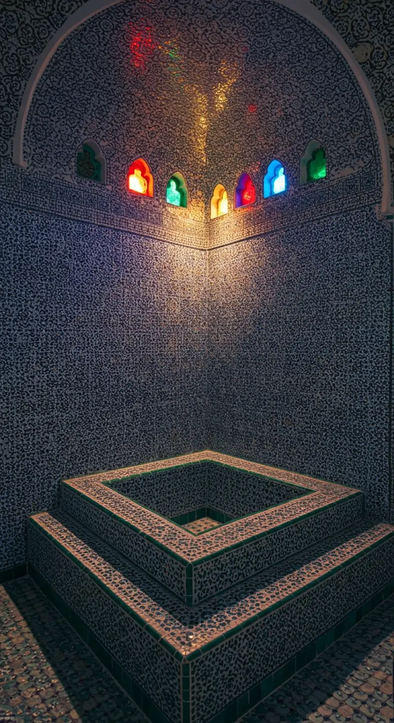 Hammam con mosaicos azules y pequeñas ventanas de colores que proyectan luz en el interior