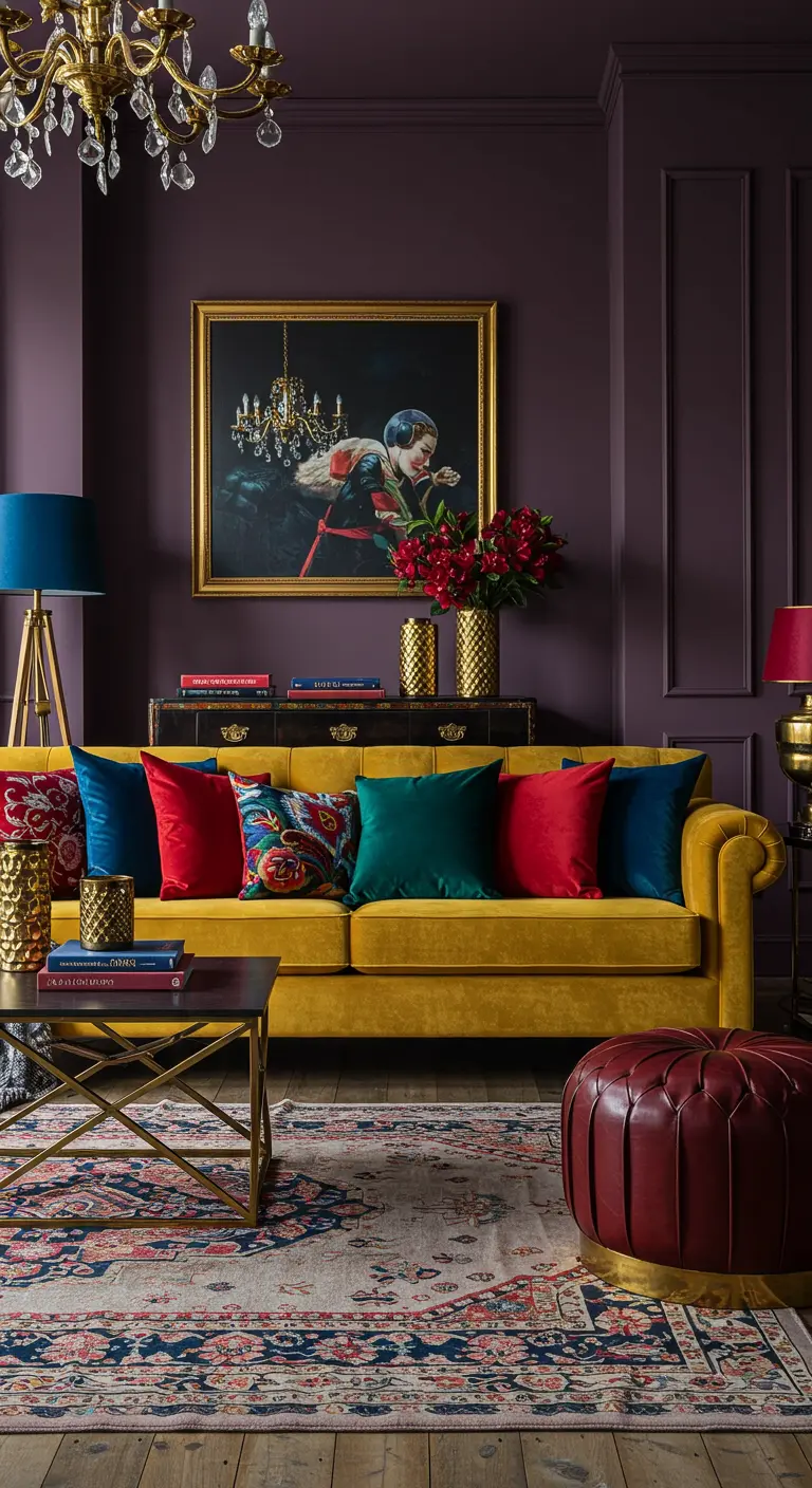 Salón opulento con paredes púrpuras, sofá chesterfield mostaza y cojines de colores vivos.