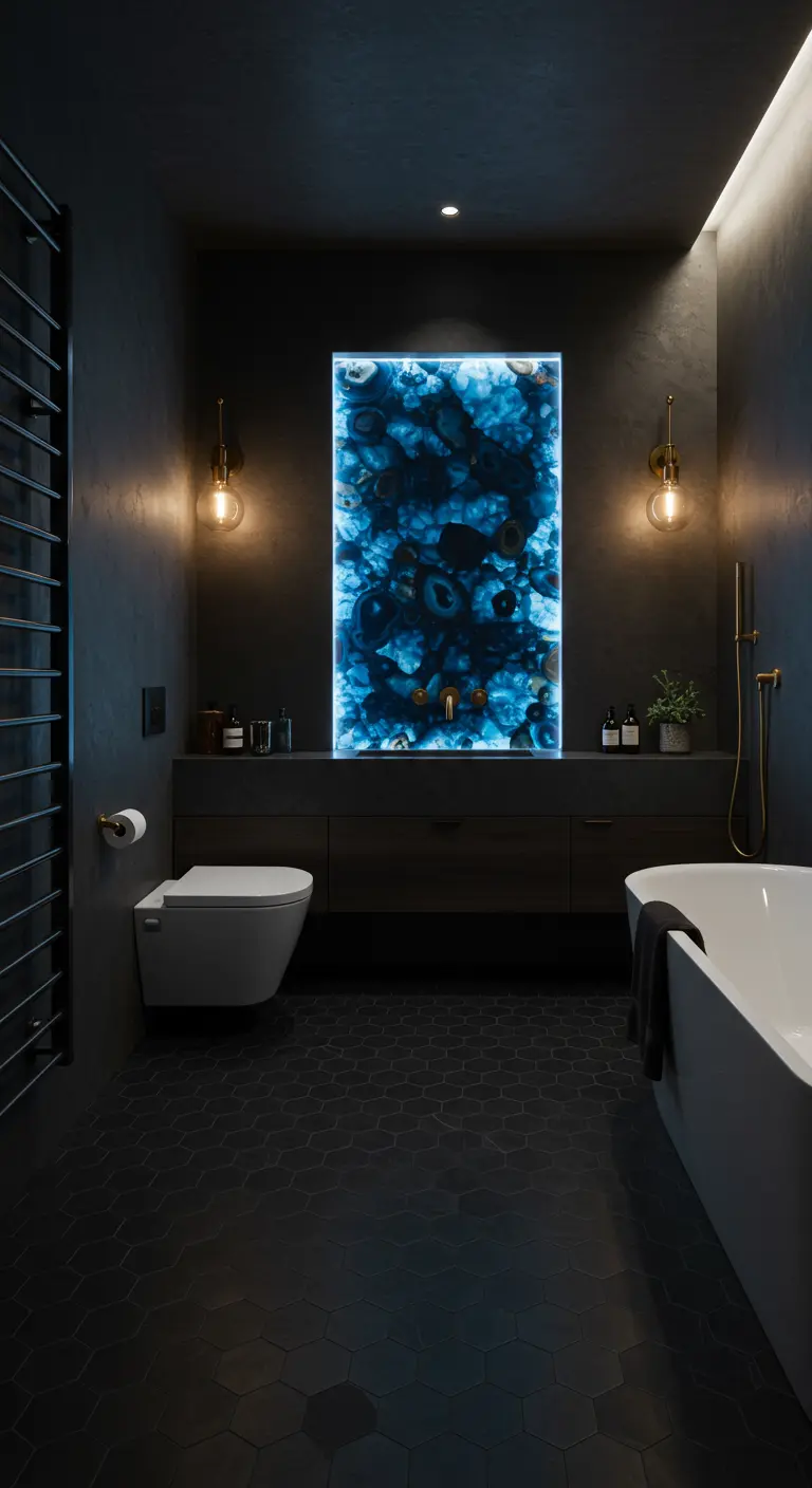 Baño oscuro y moderno con un panel de ágata azul retroiluminado sobre el lavabo.